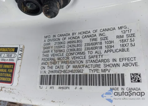 2018 Honda Cr-V Ex-L/Ex-L Navi z USA, uszkodzony, nr VIN 2HKRW2H80JH620962